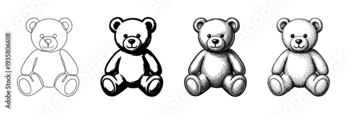 Four black and white teddy bear illustrations in different artistic styles, including continuous line art, bold silhouette, classic engraving, and stippling for a graphic set
