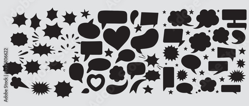 The image features a collection of black silhouettes representing various comic-style speech bubbles and dialogue boxes. speech bubble comic