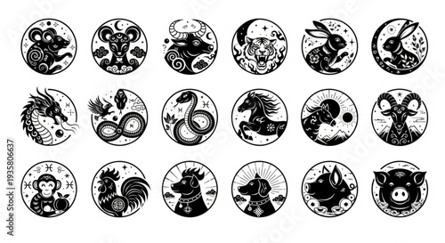 Chinese Zodiac Animals - A Collection of Circular Illustrations.