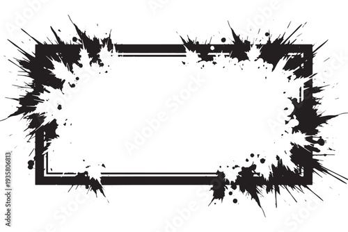 A black and white illustration of a rectangular frame with a grunge effect