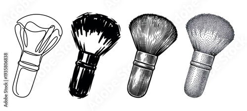 Four black and white makeup brushes illustrated in a variety of artistic styles including continuous line art, rough sketch, engraving, and stippling for a beauty concept