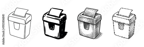 Set of four paper shredder illustrations in various artistic styles including line art, ink sketch, engraving, and stipple dot work, each feeding a document to destroy