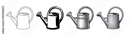 Set of four watering can illustrations showing different artistic styles including line art, bold ink, detailed engraving, and stippling for gardening concepts