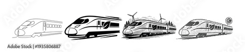 Four black and white high-speed train illustrations showing a progression of artistic styles from simple line art and graphic silhouette to detailed engraving and halftone