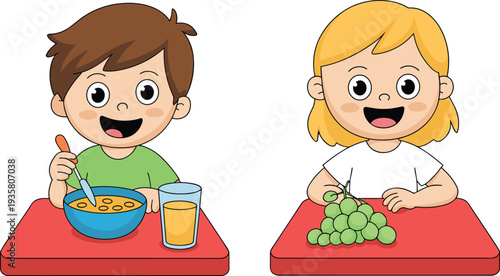 happy kids eating healthy food, cartoon children breakfast illustration, boy with cereal and girl with grapes