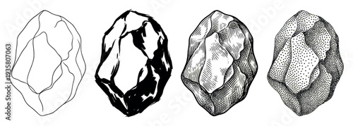Set of four hand-drawn stone illustrations showcasing different artistic techniques like line art, silhouette, hatching, and stippling for a vintage graphic design element