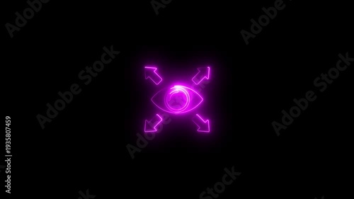 Neon eye symbol with arrows pointing outward in purple glow on black background for futuristic technology and vision concepts