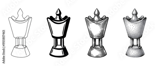 Four traditional Arabic incense burner illustrations presented in a collection of different artistic styles like line art, bold graphic, vintage engraving, and stippling