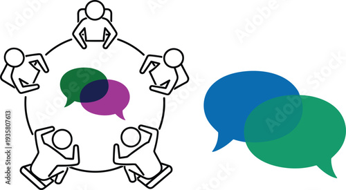 Team discussion concept illustration, people sitting in circle communication meeting, speech bubbles conversation symbol, teamwork collaboration vector design