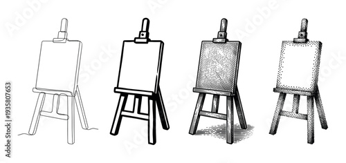 Set of four artist easels illustrated in different graphic styles including continuous line drawing, bold outline, vintage engraving, and stippling for creative concepts