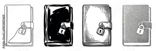 Set of four locked diaries illustrated in various artistic styles including continuous line, engraving, stippling, and bold ink for concepts of privacy and secrecy
