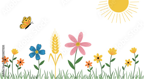 Spring meadow flowers landscape with sun butterfly grass and wheat plant, colorful nature garden illustration for seasonal background flat vector design