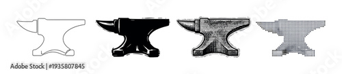 Set of four blacksmith anvils presented in various graphic styles including outline, solid silhouette, detailed engraving, and a modern halftone dot pattern for design concepts