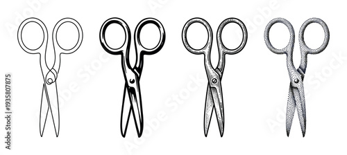 Set of four scissor illustrations presented in a row, showcasing different artistic styles including simple line art, bold icon, vintage engraving, and detailed stippling