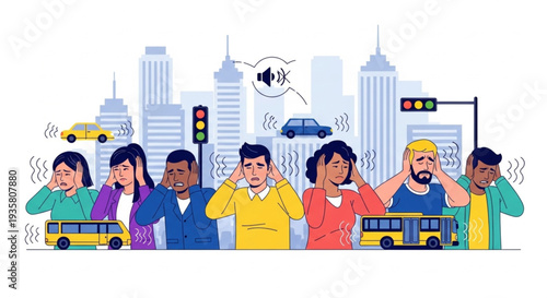 City dwellers covering ears from loud noise pollution illustration.