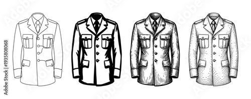 Four military style jackets illustrated in different artistic techniques including simple line art, bold graphic style, vintage engraving, and detailed stippling in a monochrome set