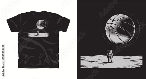 Astronaut on moon holding large basketball tethered with rope outer space adventure