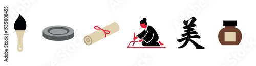 Traditional Asian calligraphy icon set featuring a brush, inkstone, scroll, artist, character, and ink bottle in a flat, minimalist vector graphic style representing cultural art