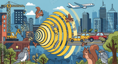 City Noise Pollution Illustration with Concentric Circles.