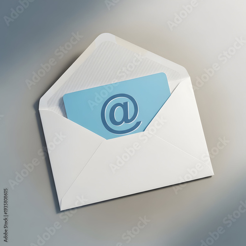 White Envelope with Blue Email Symbol Card Inside, Modern Mail Concept with @ Sign