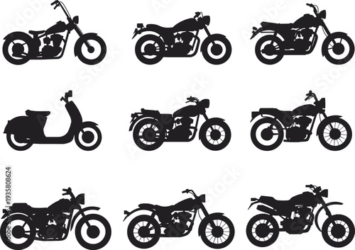 motorcycle silhouette collection, classic chopper scooter and sport bike icons, motorbike transport vector illustration set