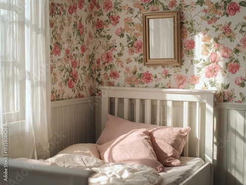 Soft sunlight streams through lace curtains. Pink pillows rest on a white bed. Floral wallpaper adds romantic charm. Simple wooden mirror hangs above the bed