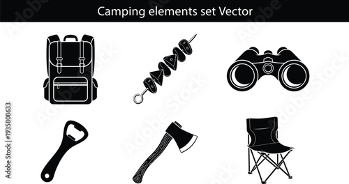 Camping equipment vector icon set, backpack, binoculars, axe, folding chair, skewer and bottle opener, outdoor adventure camping gear illustration