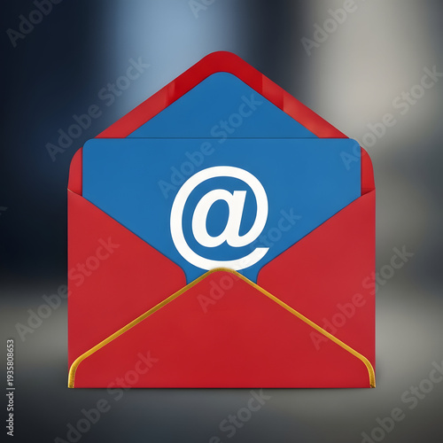 Red Envelope with Blue Letter and White Email Symbol and Gold Accents