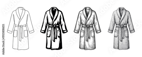 Set of four black bathrobe illustrations in different graphic styles including simple line art, solid ink, vintage woodcut engraving, and detailed stippling technique