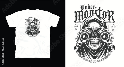 Under monitor grim reaper with binoculars, skull, chain, vintage style