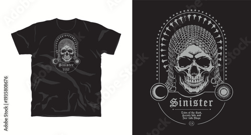 Sinister skull t-shirt design with chainmail headpiece, gothic art for dark apparel collection