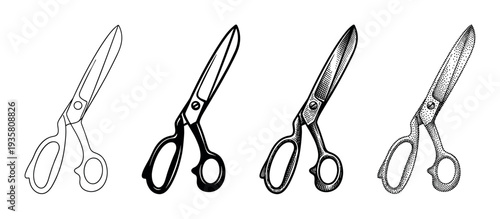 Set of four tailor scissors illustrations in different artistic styles including line art, silhouette, engraving, and stippling for sewing or craft concepts