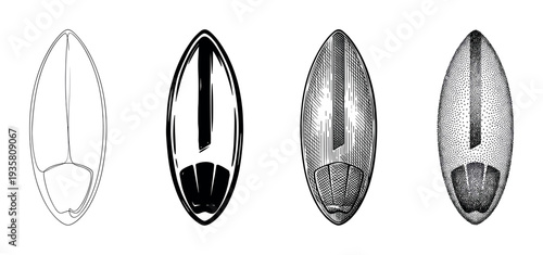 Four black and white surfboard illustrations in a row, showcasing a progression of graphic techniques including line art, bold silhouette, engraving, and stippling