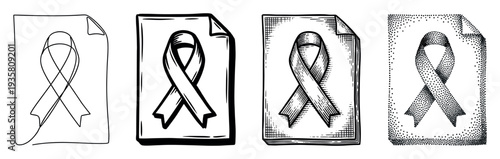 Set of four awareness ribbon illustrations on paper, showcasing different artistic styles including continuous line, bold outline, vintage engraving, and modern stippling dotwork