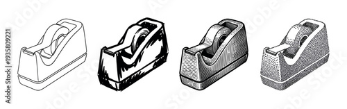 Set of four tape dispenser illustrations in various artistic styles including line art, brush stroke, engraving, and stippling, creating a retro hand-drawn collection