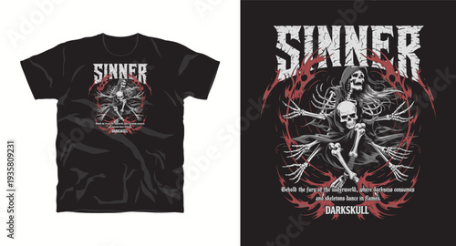 Sinner darskskull t-shirt design with multiple skeletons and fire, horror underworld artwork, vector illustration for apparel