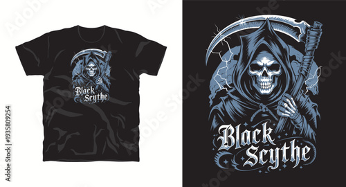 Black scythe grim reaper skull t-shirt design, dark horror artwork, vintage vector illustration for apparel and merchandise