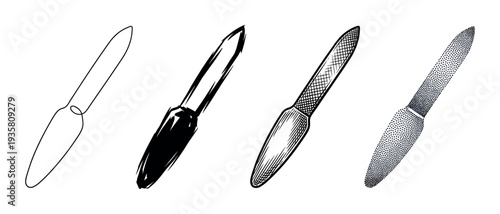 Set of four nail file illustrations in different artistic styles including continuous line art, black silhouette, vintage engraving, and dotwork stippling