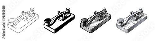 Four vintage telegraph key illustrations in different artistic styles including line art, high contrast, engraving, and stippling, showing a classic communication device