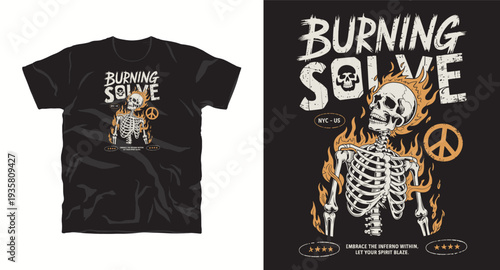 Burning solve skeleton in fire with peace sign and skull graphic