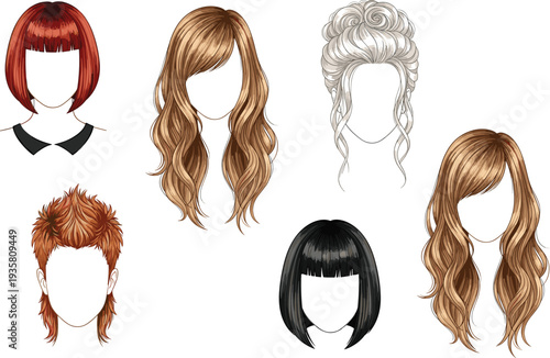 Women hairstyle collection, modern female haircuts set, long wavy and short bob styles, faceless beauty avatar vector illustration