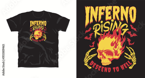 Inferno rising skull in flames with bats and skeleton hands graphic