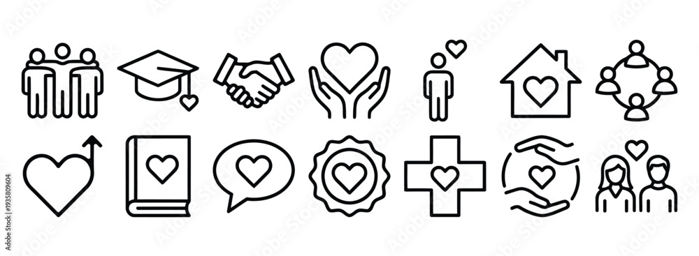 Fototapeta premium Love and Care Icon Set: People Group, Graduation Cap, Handshake, Hands Holding Heart, Man and Heart, House with Heart, Group, Heart Arrow, Book, Speech Bubble Heart, Heart Badge, Cross Heart, Hands, C