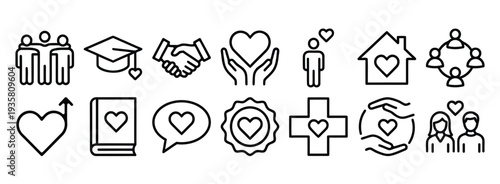 Love and Care Icon Set: People Group, Graduation Cap, Handshake, Hands Holding Heart, Man and Heart, House with Heart, Group, Heart Arrow, Book, Speech Bubble Heart, Heart Badge, Cross Heart, Hands, C