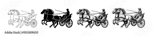 Set of four horse-drawn chariot illustrations showing a driver with two horses in various artistic styles, including line art, silhouette, engraving, and stippled effect