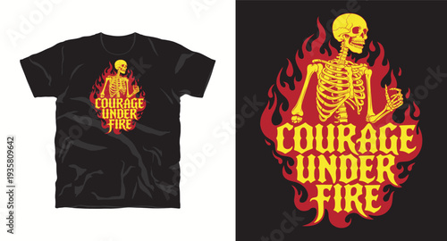 Courage under fire skeleton t-shirt design with yellow bones and red flames