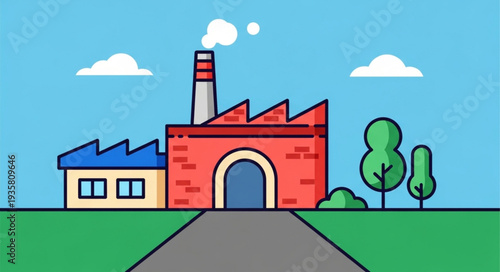 Cartoon factory building with smoking chimney and trees.