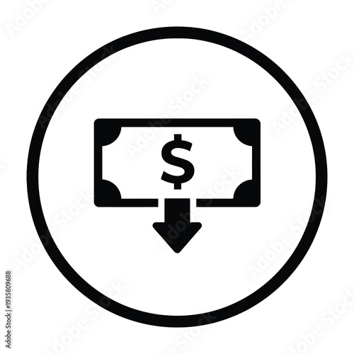 Modern minimalist icon showcasing a downward trending currency bill symbolizing financial decline or investment loss within a bold circular frame