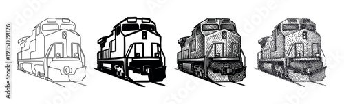 Set of four diesel locomotive illustrations showing different graphic styles including line art, silhouette, engraving, and stippling for a vintage, hand-drawn look