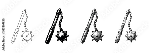 Set of four medieval flail weapon illustrations showing the historical object in various artistic styles like continuous line art, graphic silhouette, detailed engraving, and stippling